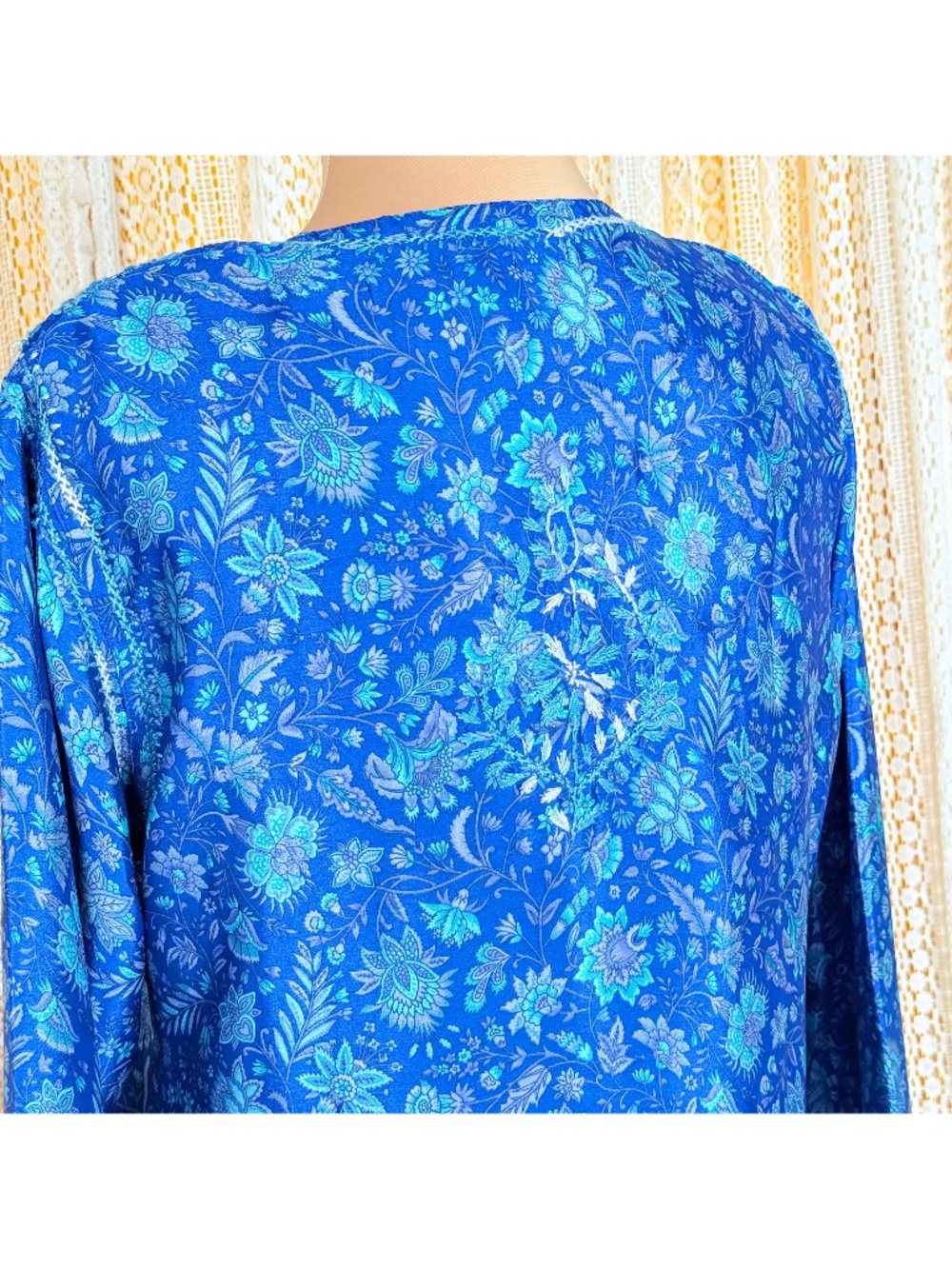 Dolma Blue 100% Silk Floral Embroidered Boho Coastal Resortwear Tunic XL - Picture 7 of 17